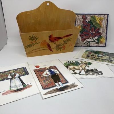 209:  Wood Letter Holder, Vintage Stationary and Signed Tiles