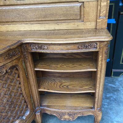 302:  Antique German Solid Wood Hand Carved Corner Hutch