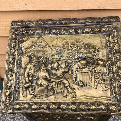 309:  Antique European  Hammered Brass Hinged Lidded Box