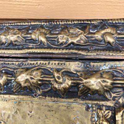 309:  Antique European  Hammered Brass Hinged Lidded Box