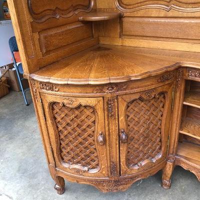 302:  Antique German Solid Wood Hand Carved Corner Hutch