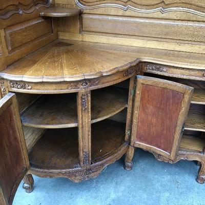 302:  Antique German Solid Wood Hand Carved Corner Hutch