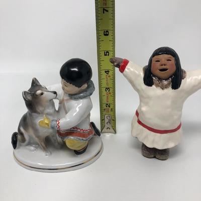 126:  USSR Eskimo Girl and Boy with Dog Signed Figurine