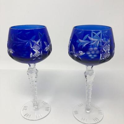 137:  Bohemian Colored Czech Etched Hand Cut Crystal Wine Goblets