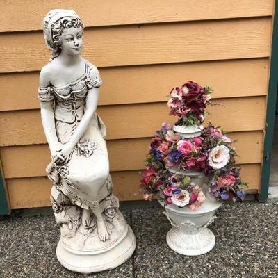 301:  Peasant Girl Statue And Ceramic Planter with Floral Arrangement