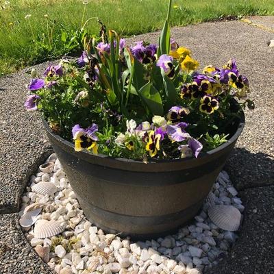 152:  Three Outdoor Resin Barrel Planters With Live Plants