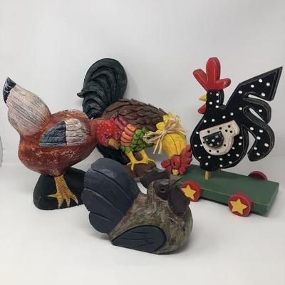 144:  Wooden  Roosters and Chickens