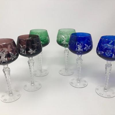 137:  Bohemian Colored Czech Etched Hand Cut Crystal Wine Goblets