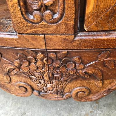 302:  Antique German Solid Wood Hand Carved Corner Hutch