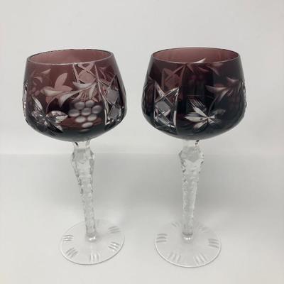 137:  Bohemian Colored Czech Etched Hand Cut Crystal Wine Goblets
