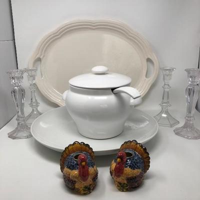 207:  Soup Bowl With Ladle, Candlesticks, Serving Tray and More