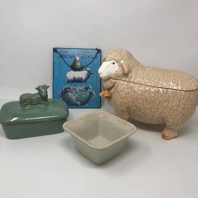 187:  Sheep Cookie Jar, Cow Pottery and Others