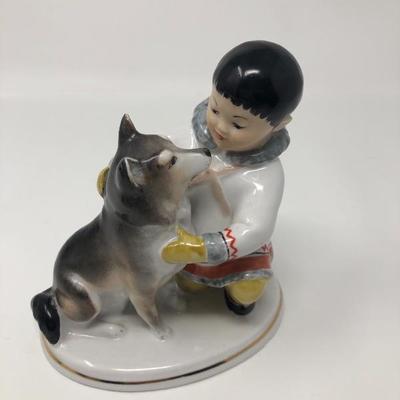 126:  USSR Eskimo Girl and Boy with Dog Signed Figurine