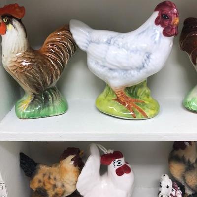 127:   Miniature Chicken and Rooster Collection in Charming Wood Shelf Cabinet