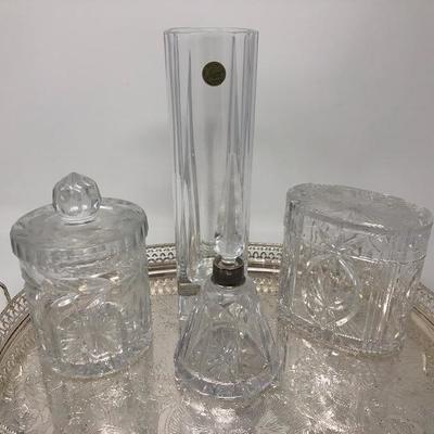 122:  Crystal Perfume Bottle, Cristal d' Arques French Vase and Tray 