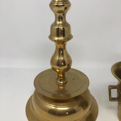 189:  Solid Brass Candlestick and Antique Mortar and Pestle Skultuna Bruk 