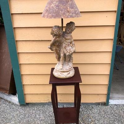 308:  Antique Statue Lamp with Metal Shade and Pedestal Table
