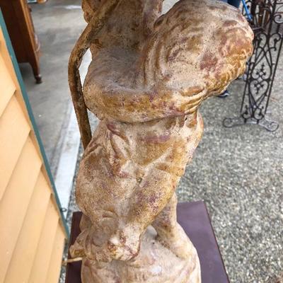 308:  Antique Statue Lamp with Metal Shade and Pedestal Table