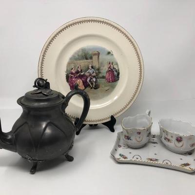 139:  Rare Stavangerflint Plate, Pewter Antique Kettle and China