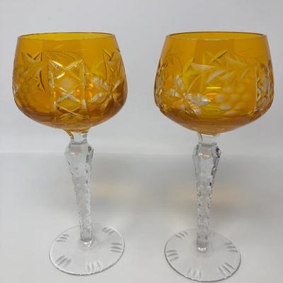136: Bohemian Colored Czech Etched Hand Cut Crystal Wine Goblets