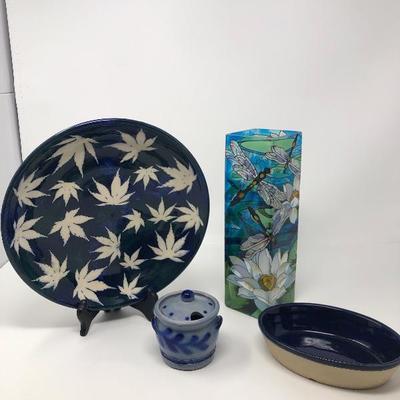138: Stoneware Charger, Glass Dragonfly Vase and Other Stoneware