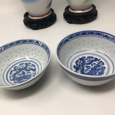 123:   Hand Painted Oriental Vases with Oriental Bowls