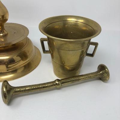 189:  Solid Brass Candlestick and Antique Mortar and Pestle Skultuna Bruk 