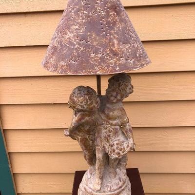 308:  Antique Statue Lamp with Metal Shade and Pedestal Table