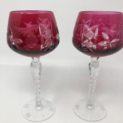 136: Bohemian Colored Czech Etched Hand Cut Crystal Wine Goblets
