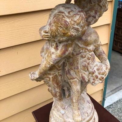 308:  Antique Statue Lamp with Metal Shade and Pedestal Table