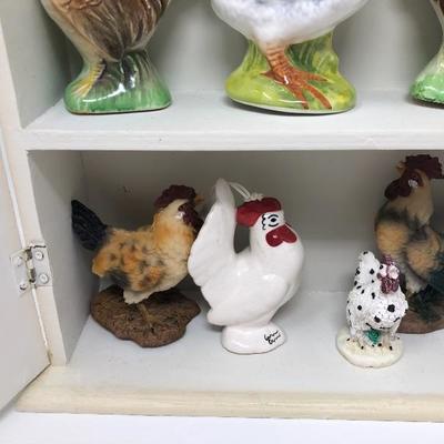 127:   Miniature Chicken and Rooster Collection in Charming Wood Shelf Cabinet