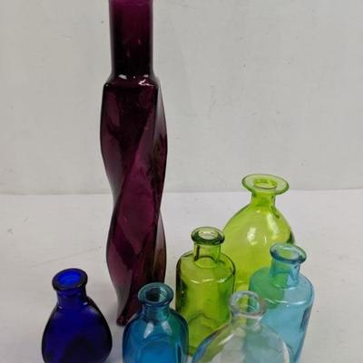 Decorative Glass Bottles: Green, Blue, Clear, Purple