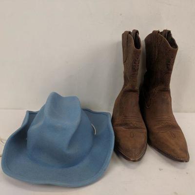 Brown Kids Cowboy Boots Size 9, Blue Small Hat