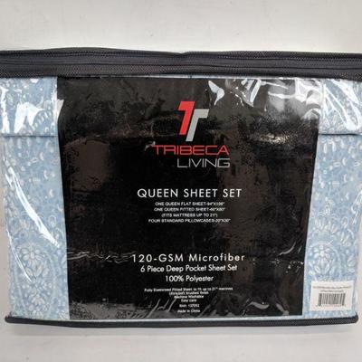 Tribeca Living 120-GSM Microfiber Sheets, Queen, Light Blue Paisley - New