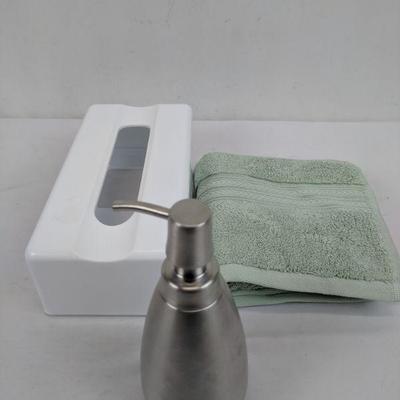 Tissue Box Holder, Stainless Steel Lotion/Soap Pump, Mint Hand Towel - New