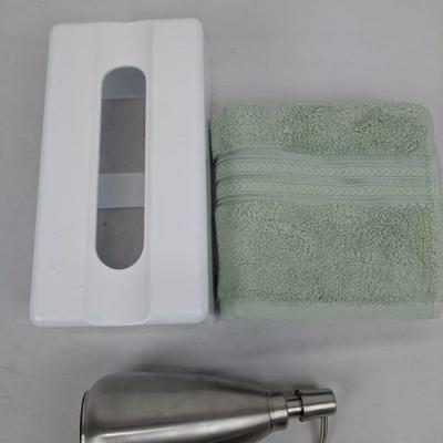 Tissue Box Holder, Stainless Steel Lotion/Soap Pump, Mint Hand Towel - New