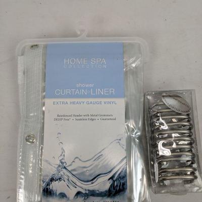 Home Spa Shower Curtain/Liner & 12 Premium Shower Curtain Hooks - New