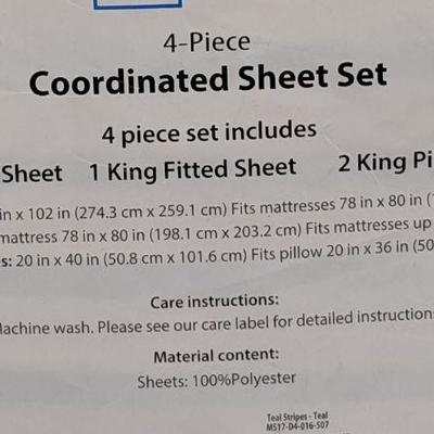 Mainstays 4-Piece Coordinated Sheet Set, Mint/White Stripe - New
