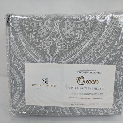 Sweet Home Queen Sheets, 6 Piece, Paisley, Gray, 1500 Thread Count - New