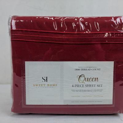 Sweet Home Queen Sheets, 1800 Thread Count, 4 Piece Set, Red - New