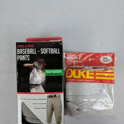Baseball/Softball Pants Youth Medium, Athletic Supporter Small - New, Opened