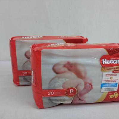Huggies Little Snugglers Diapers, Premie, 30 ct each, 2 packages  - New