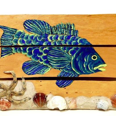 Vintage Folk Art - Fish Painting on Wood Wall Decor with real sea shells