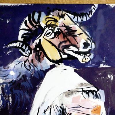 Moshe Gat Original Gouache/Watercolor Painting - Shepherd 2x Signed  c.1972