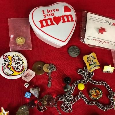 Lot 273 - Pins, Jewelry, Marbles Etc. with I love MOM heart dish