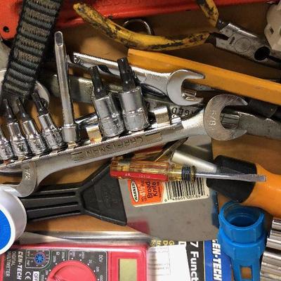 Lot 105 Garage Misc. tools Pipe Wrench, multi meter