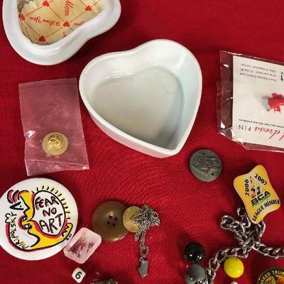 Lot 273 - Pins, Jewelry, Marbles Etc. with I love MOM heart dish