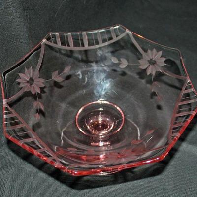 Vintage 8 sided Pink Dish on a pedestal etched with the Jubilee Pattern