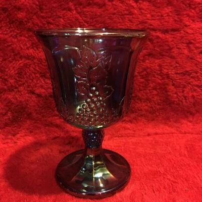 Vintage Kingâ€™s Crown iridescent blue carnival glass pedestal dish