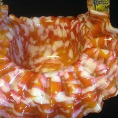 Vintage 1960's Murano End Of The Day Basket~Orange~Pink~White~Thorn Handle